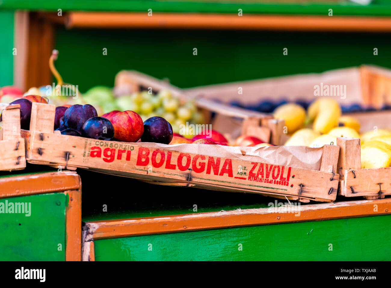 Siena, Italy - August 27, 2018: Closeup of fresh ripe fruit in farmer's market in Tuscany during summer with Bologna sign on wooden crate boxes Stock Photo