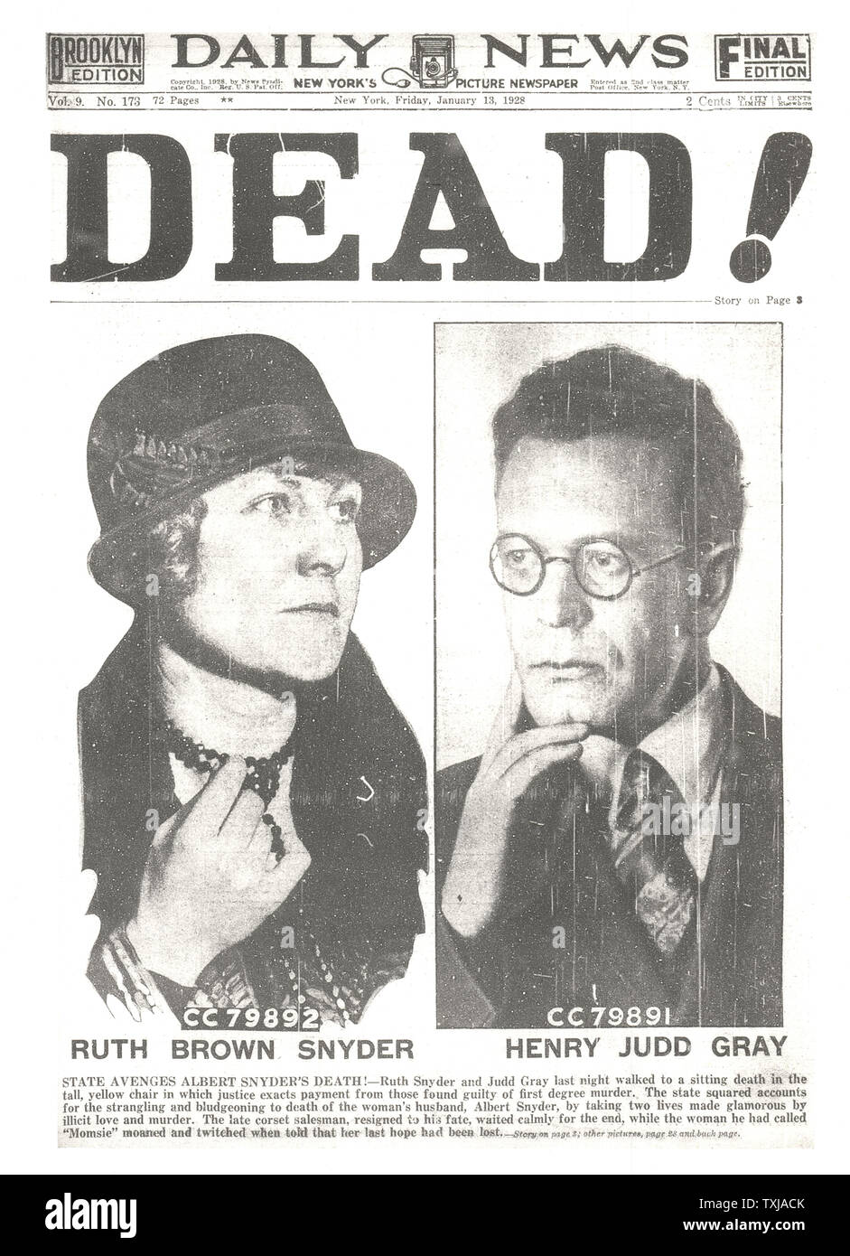 1928 New York Daily News newspaper front page Execution of Ruth Snyder