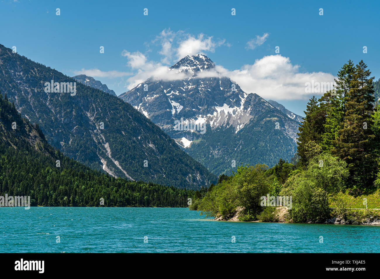 view on lake plansee and tauern in austrian alps, tyrol, austria Stock ...