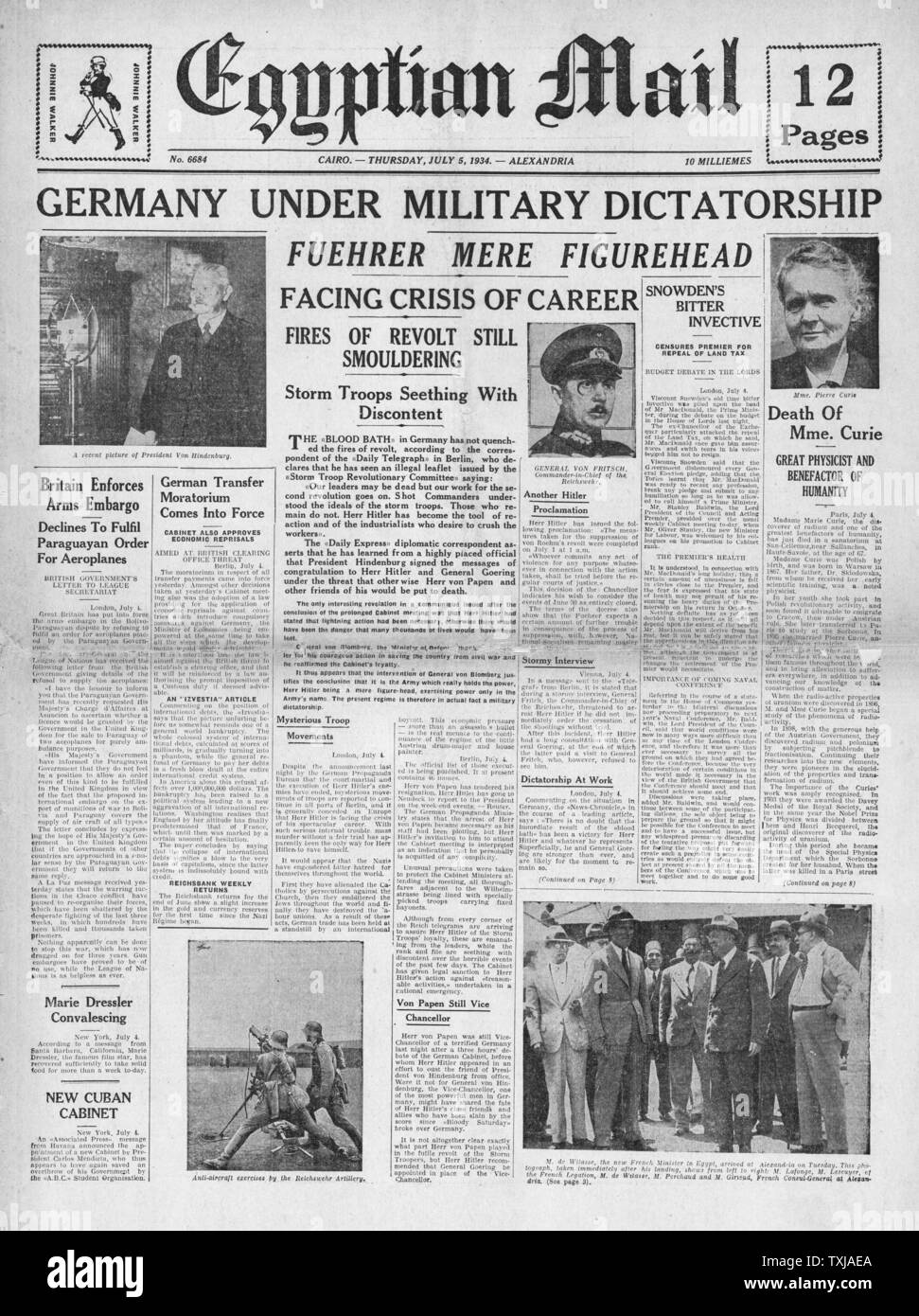 1934 The Egyptian Mail newspaper front page the death of Marie Curie and Adolf Hitler and night of the long knives Stock Photo