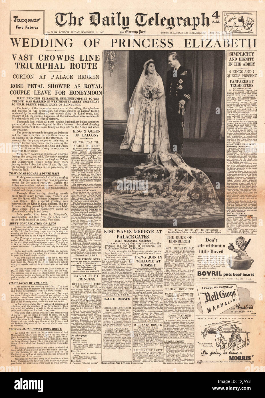 1947 Daily Telegraph newspaper front page Princess Elizabeth marries ...