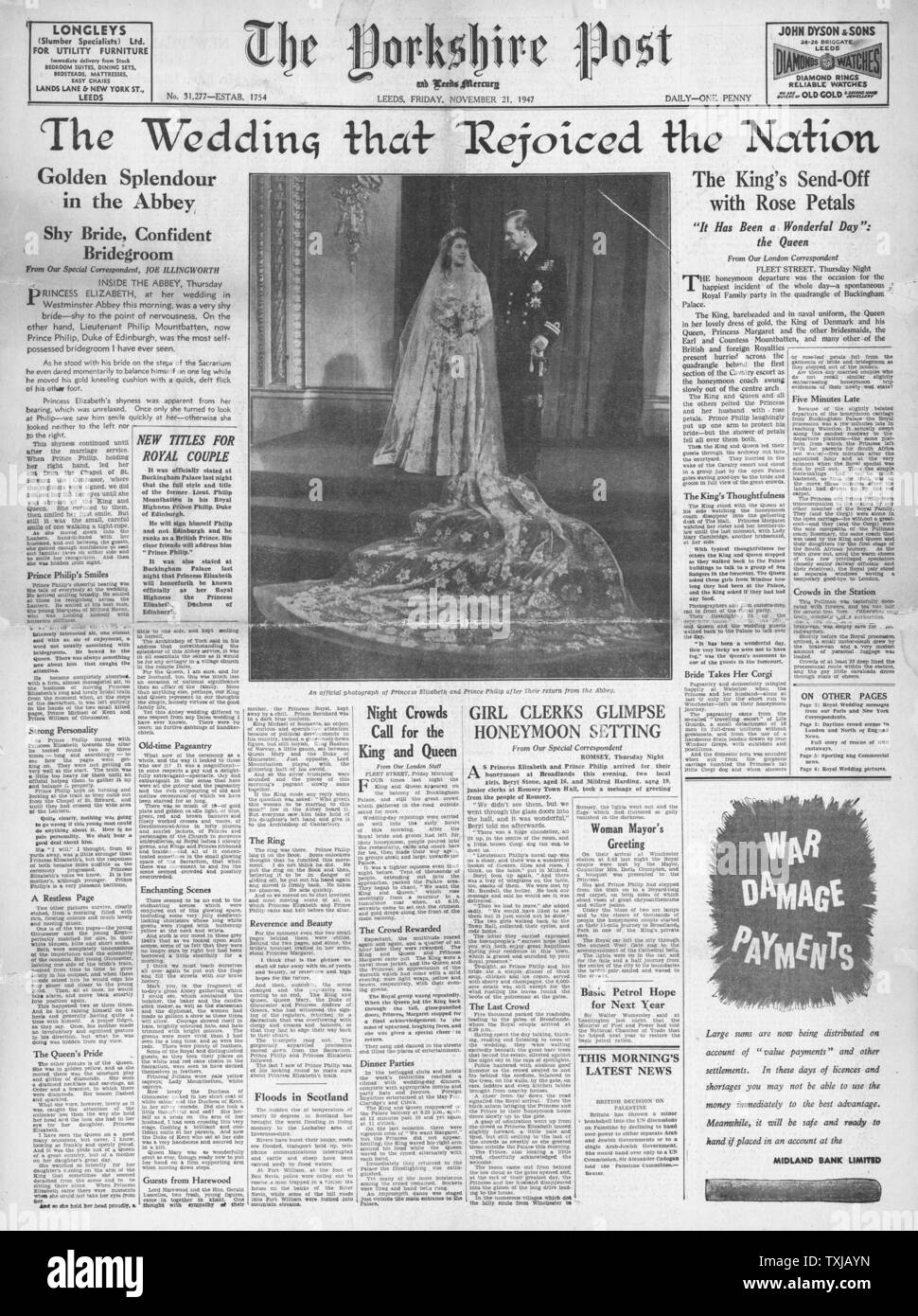 1947 Yorkshire Post Princess Elizabeth marries Philip Mountbatten, Duke of Edinburgh Stock Photo