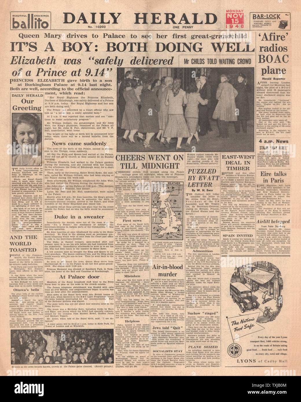 1948 Daily Herald newspaper front page Birth of Prince Charles Stock