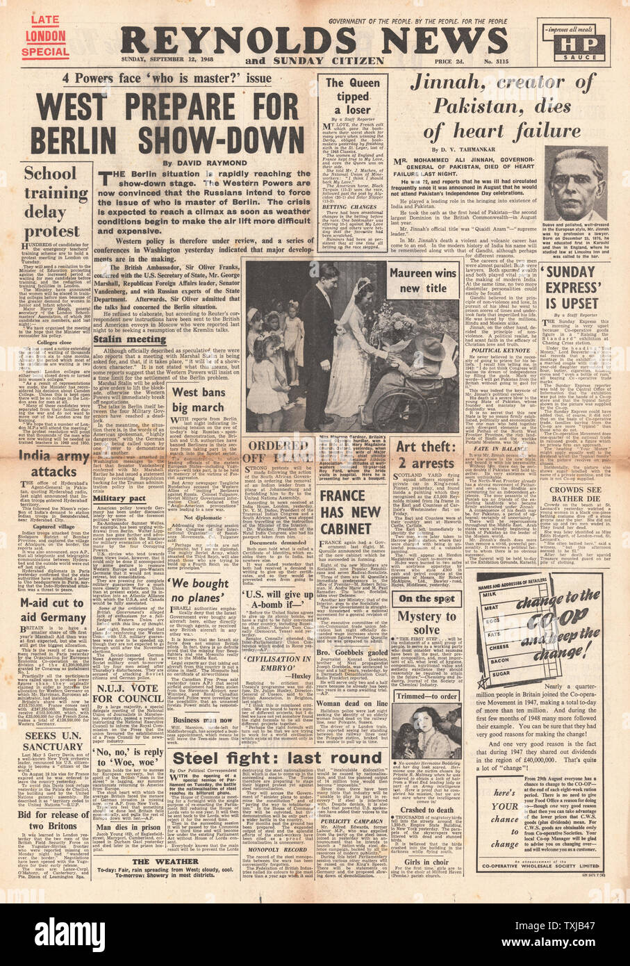 1948 Reynold S News Newspaper Front Page Berlin Airlift And Death Of Mohammed Ginnah Stock Photo Alamy