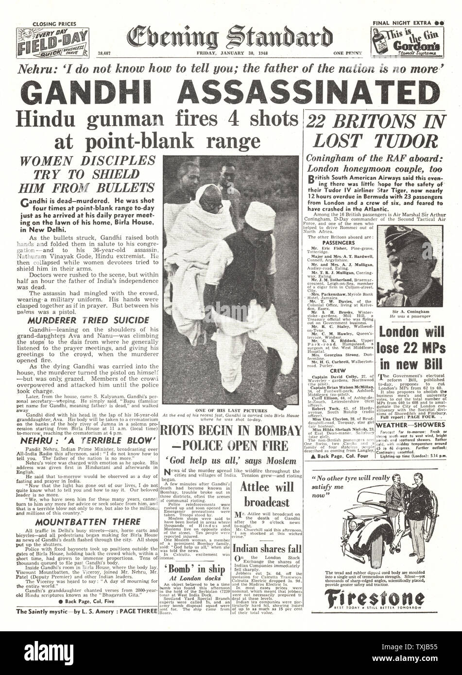 1948 Evening Standard newspaper front page Mahatma Ghandi Assassinated Stock Photo