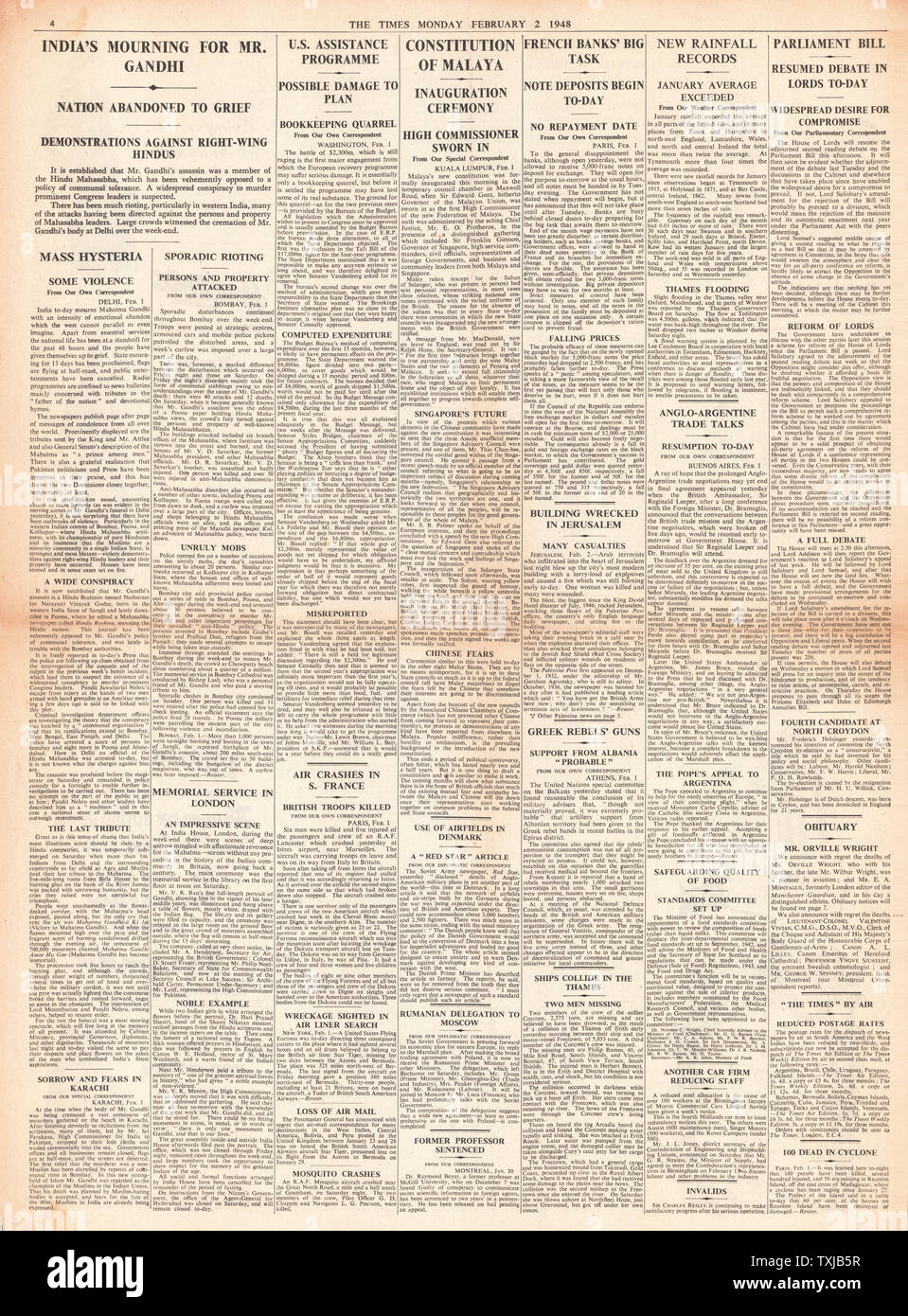 1948 The Times newspaper page 4 Mahatma Ghandi Assassinated Stock Photo