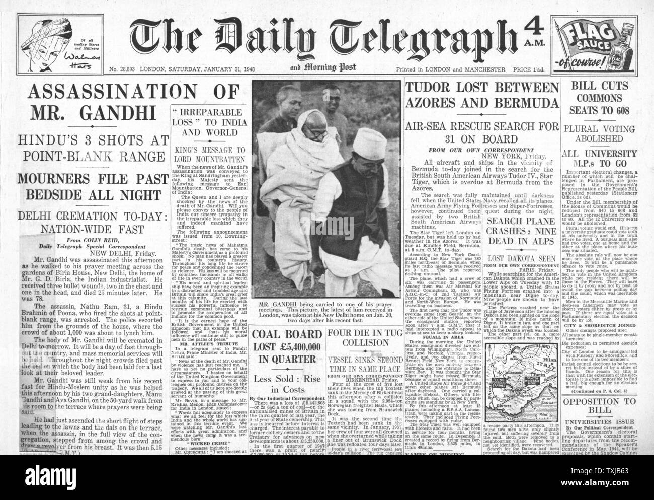 1948 Daily Telegraph newspaper front page Mahatma Ghandi Assassinated