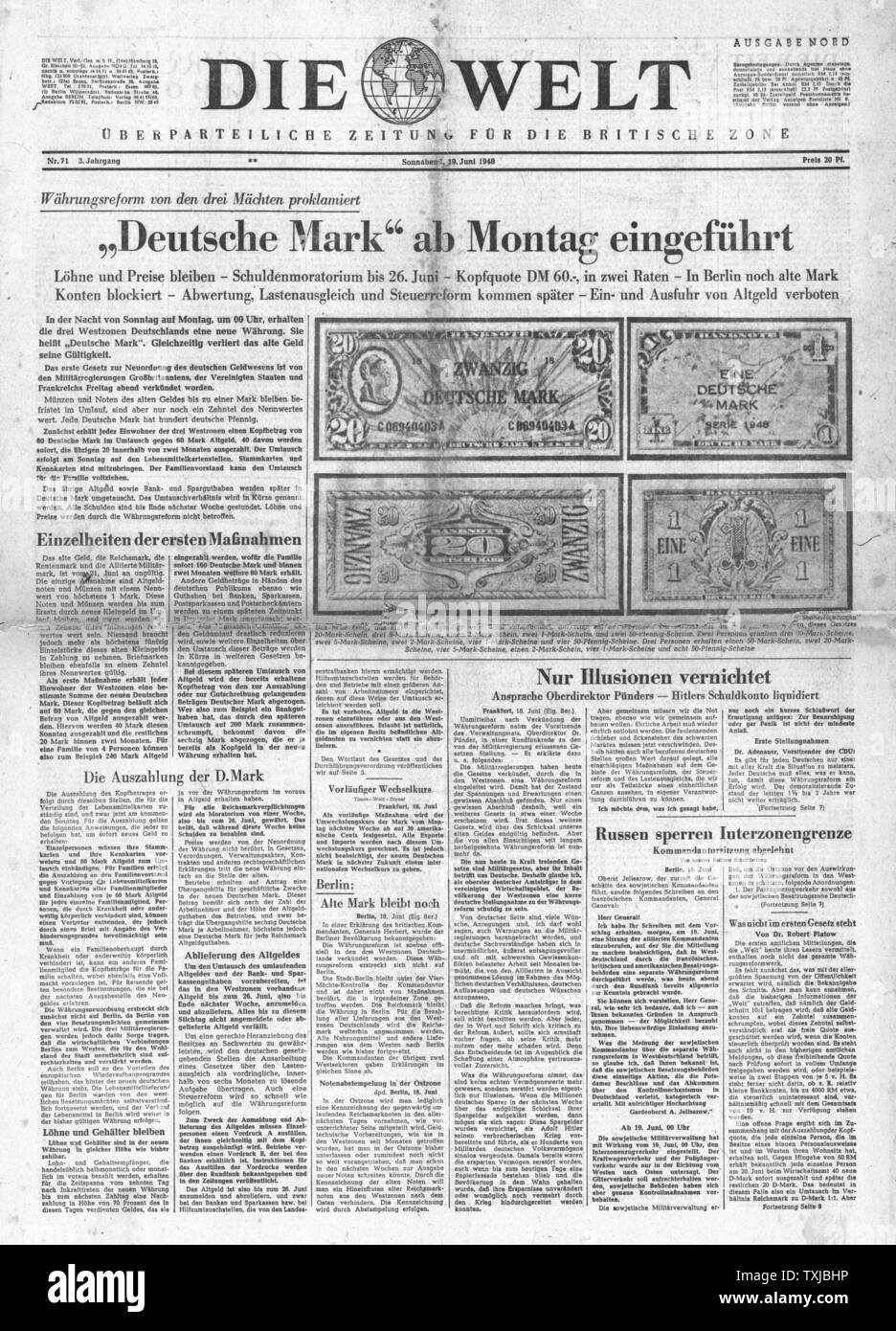 1948 Die Welt newspaper front page Introduction of the Deutsche Mark Stock Photo