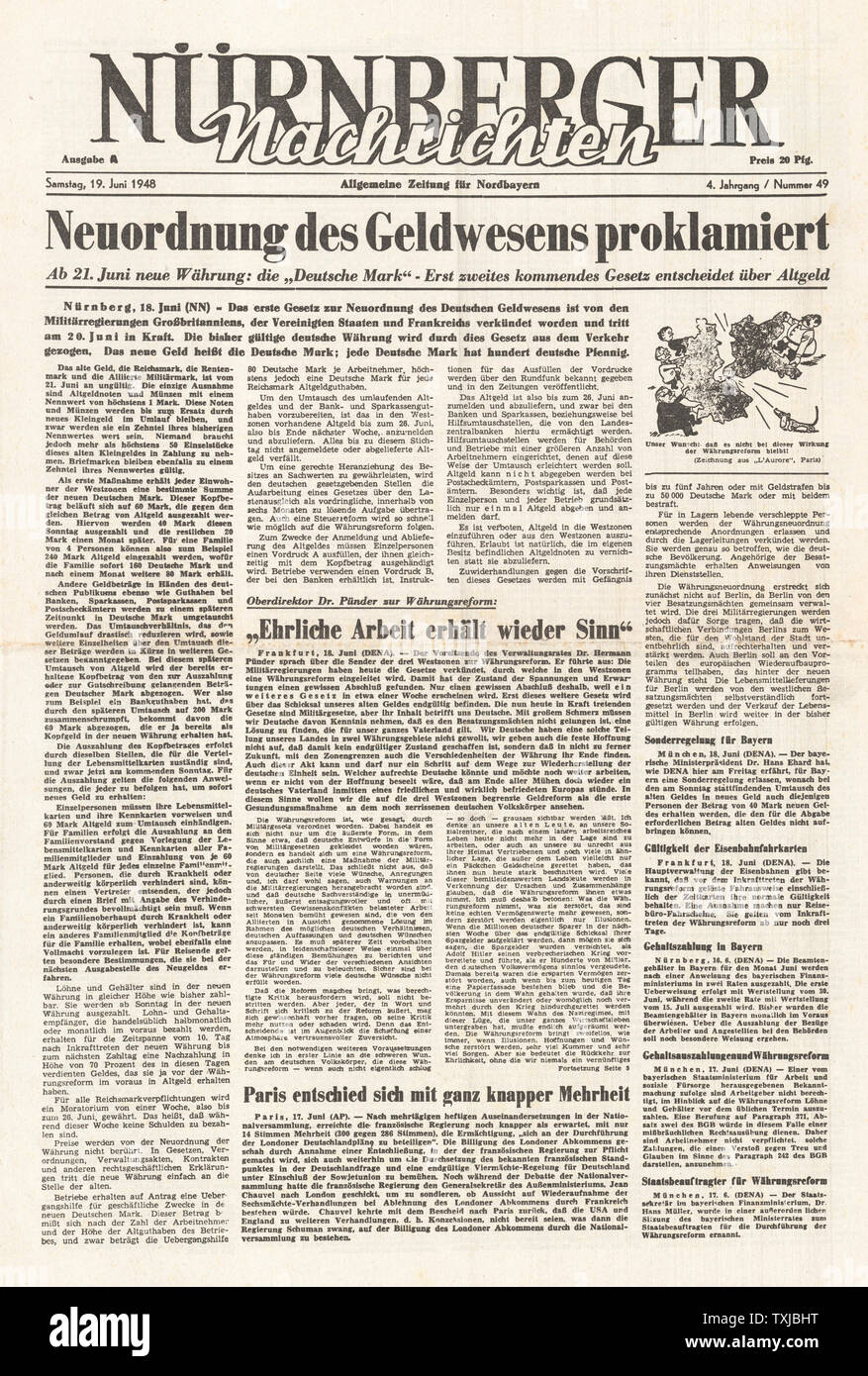 1948 Nurnberger Nachrichten newspaper front page Introduction of the Deutsche Mark Stock Photo