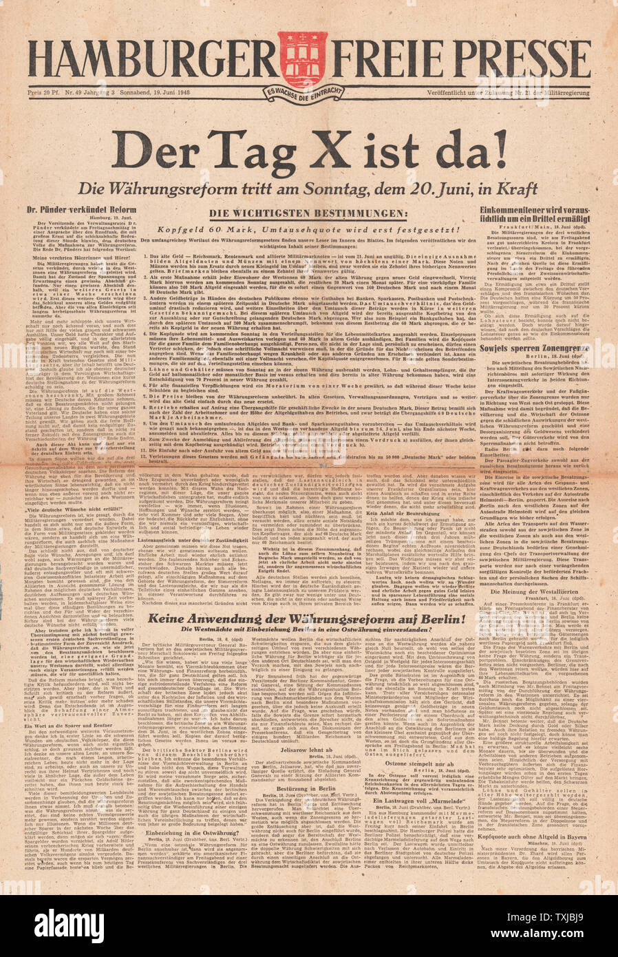 1948 The Hamburger Freie Presse newspaper front page Introduction of the Deutsche Mark Stock Photo