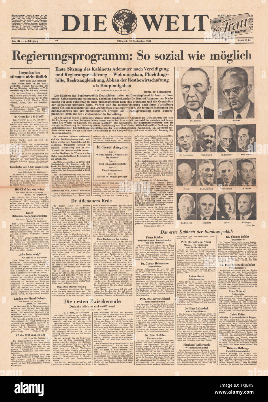 1949 Die Welt newspaper front page New West German government Stock Photo -  Alamy