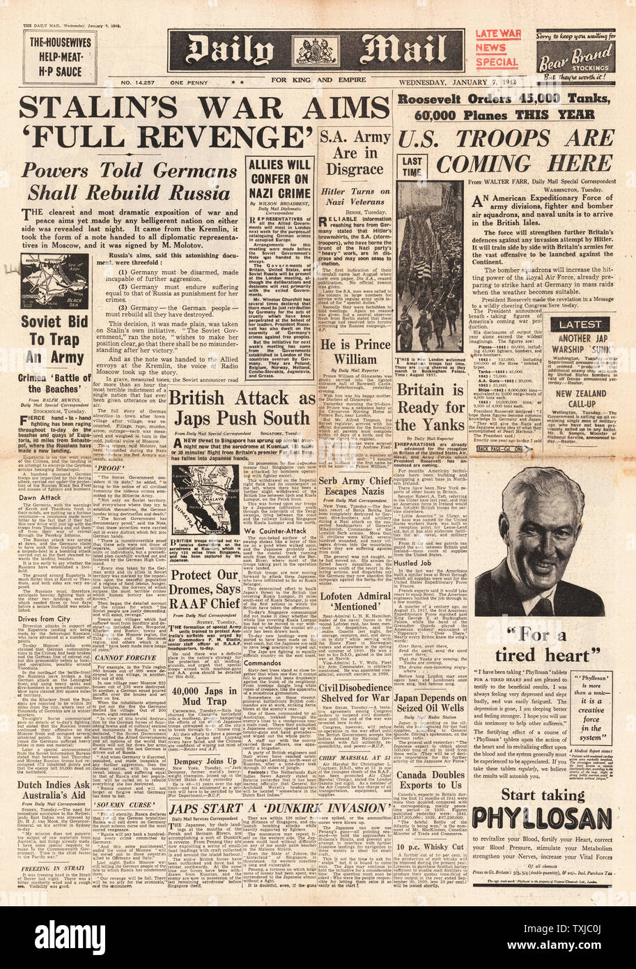 1942 front page Daily Mail Roosevelt announces American Troops to be based in Britain, Stalin plans revenge on Germany and Japanese Army threaten Singapore Stock Photo