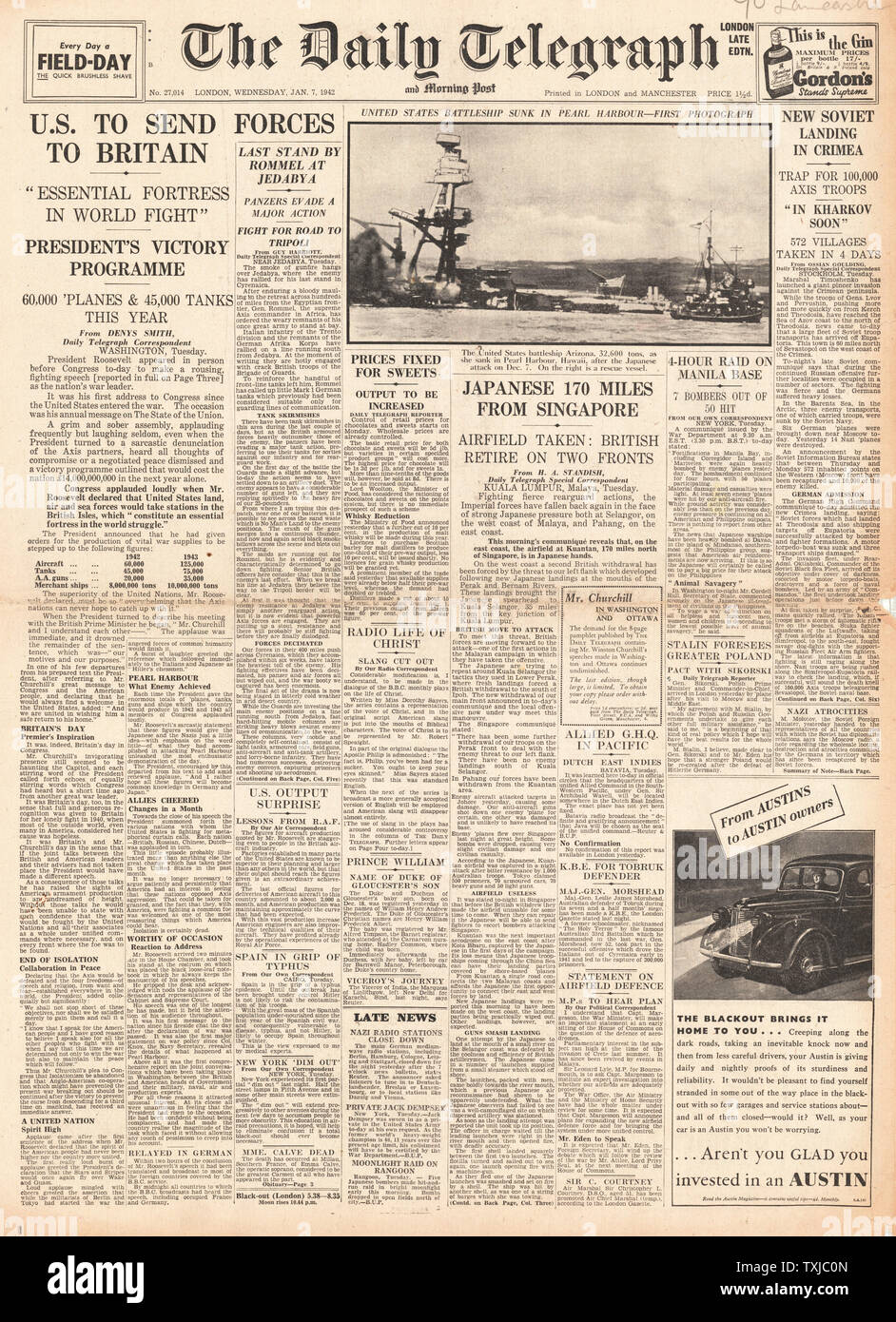 1942 front page Daily Telegraph Roosevelt announces American Troops to be based in Britain, Stalin plans revenge on Germany and Japanese Army threaten Singapore Stock Photo
