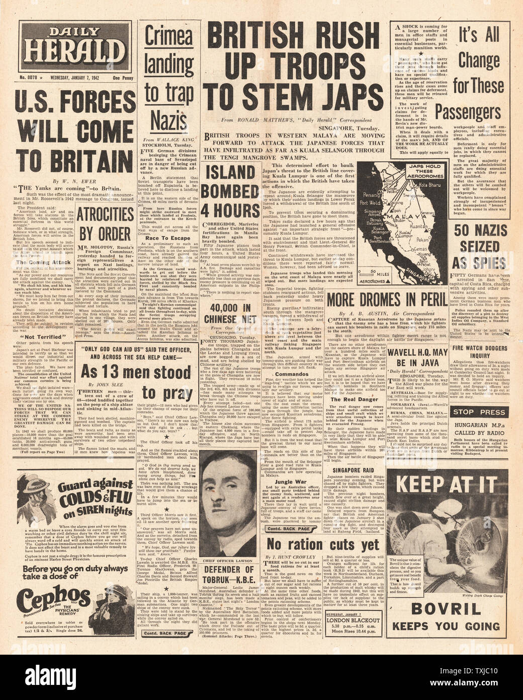1942 front page Daily Herald Roosevelt announces American Troops to be based in Britain, Stalin plans revenge on Germany and Japanese Army threaten Singapore Stock Photo