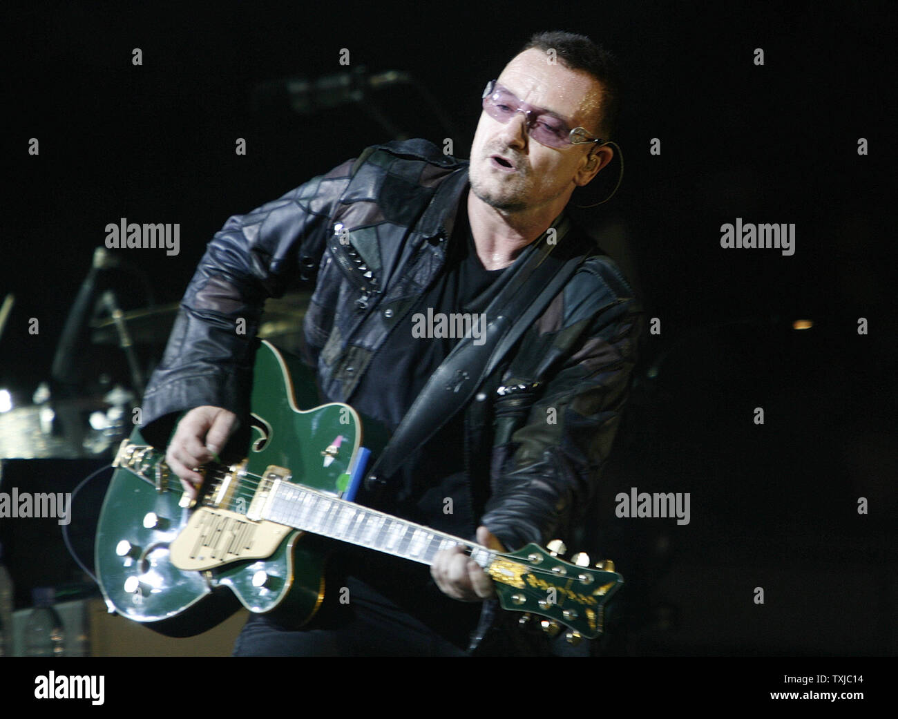 Bono of U2 performs during the first concert of their 360 Degree North American Tour at Soldier Field in Chicago on September 12, 2009.     UPI/Brian Kersey Stock Photo