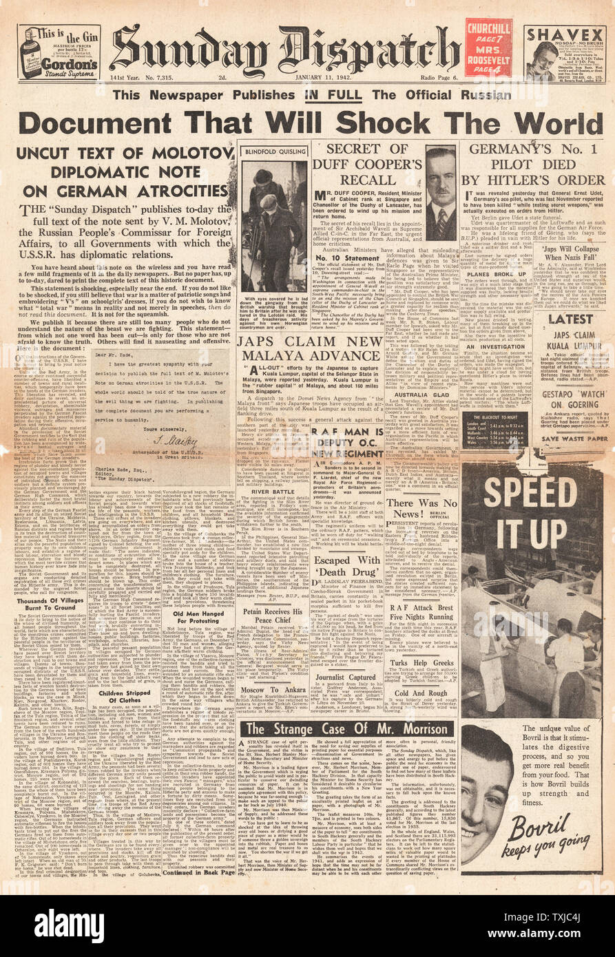1942 front page Sunday Dispatch Russian report on German atrocities Stock Photo