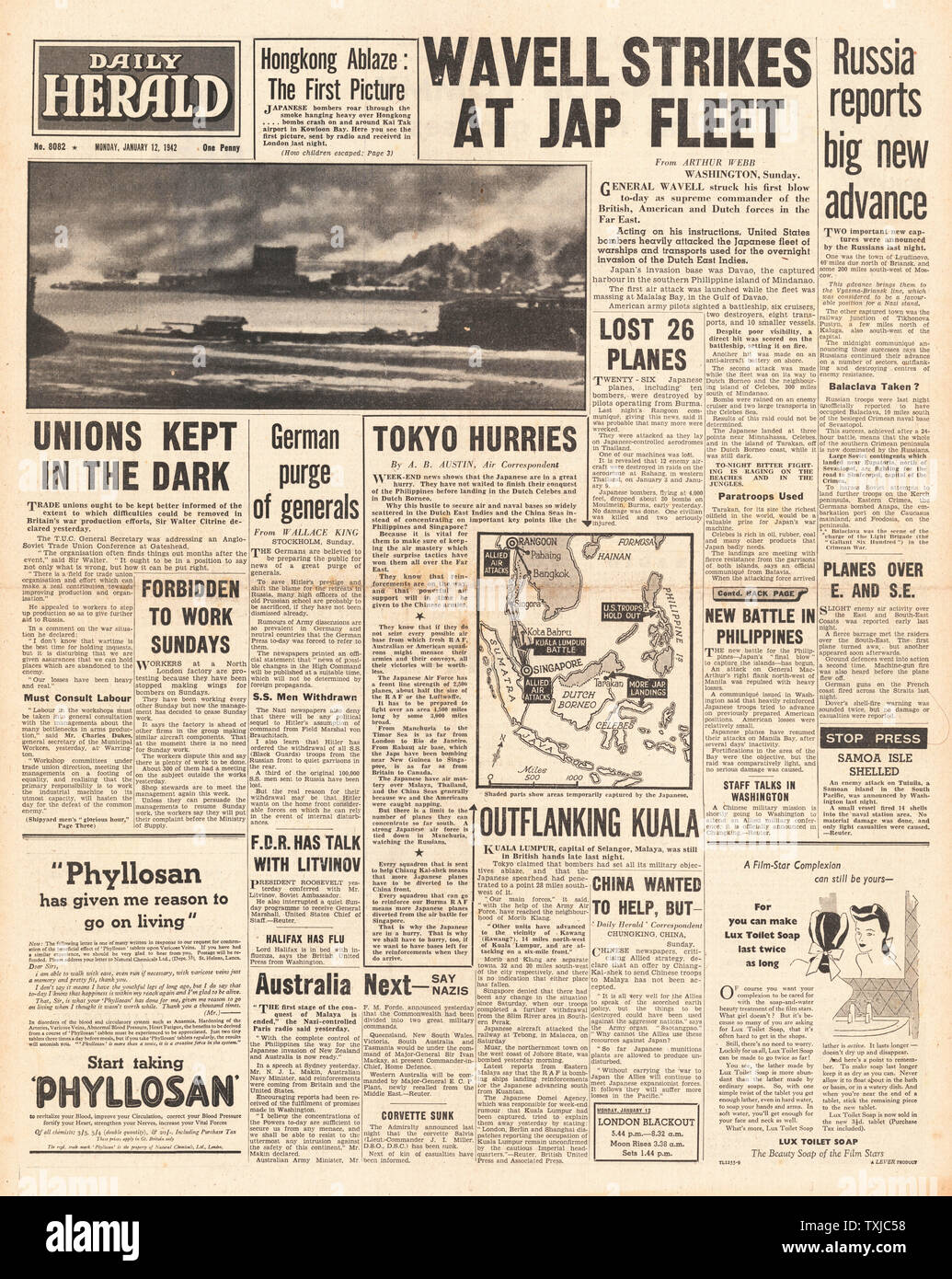 1942 front page Daily Herald U.S. Bombers attack Japanese Fleet near Dutch East Indies Stock Photo