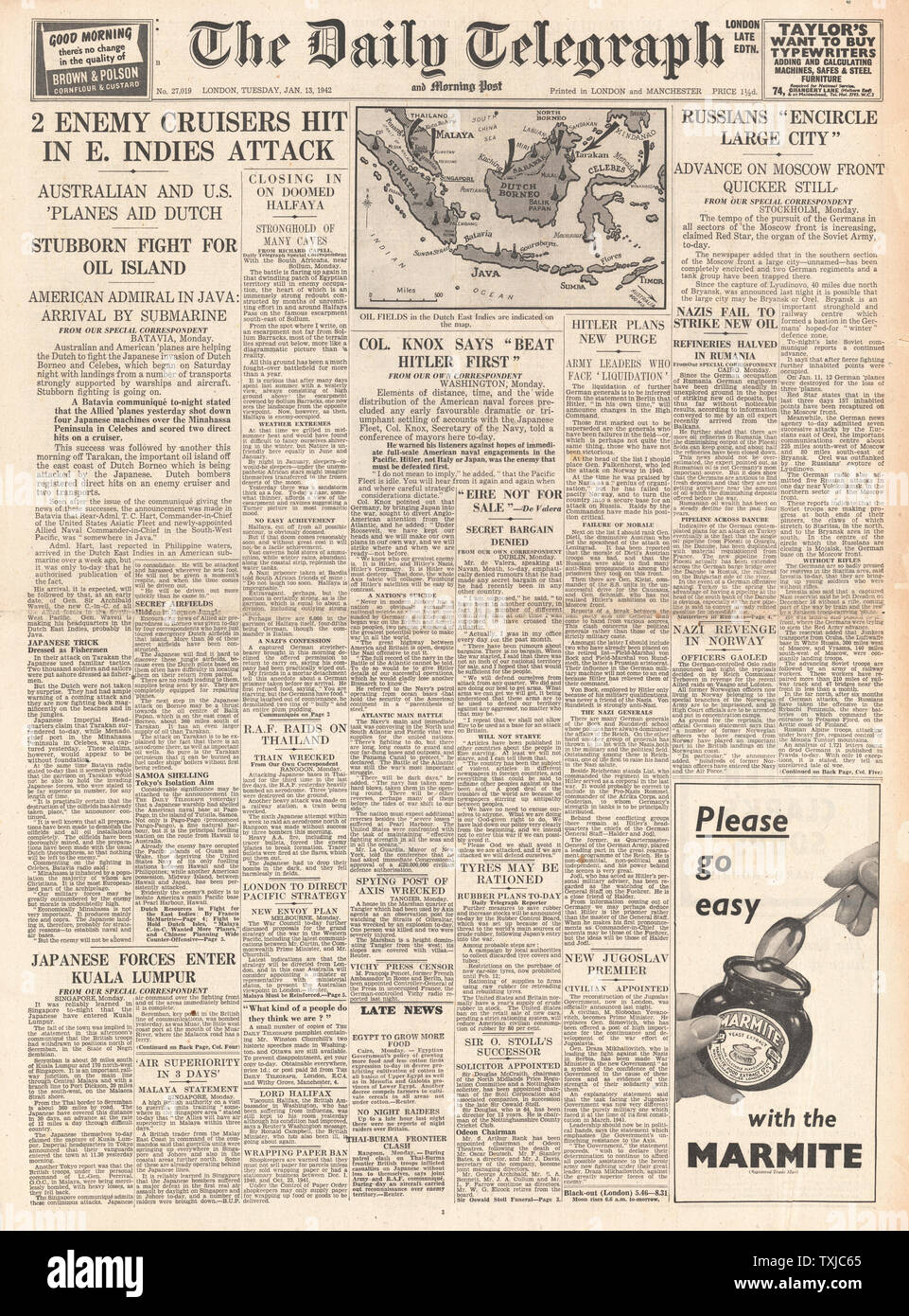 1942 front page Daily Telegraph U.S. Bombers attack Japanese Fleet near Dutch East Indies Stock Photo