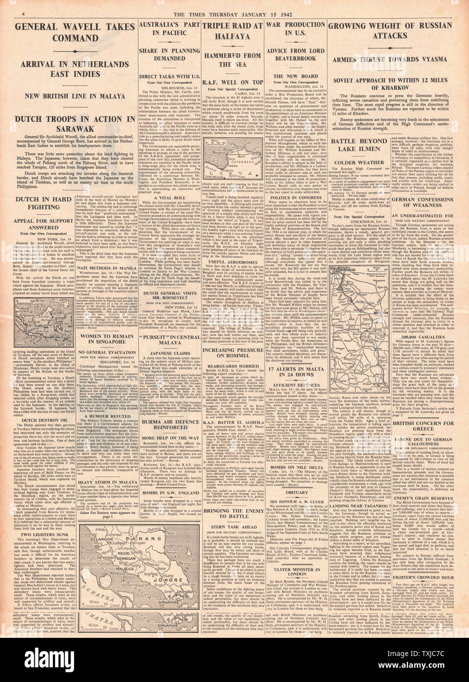 1942 page 4  The Times General Wavell takes command in Far East, RAF bomb Halfaya and Russian Army continue adavance on Kharkov Stock Photo