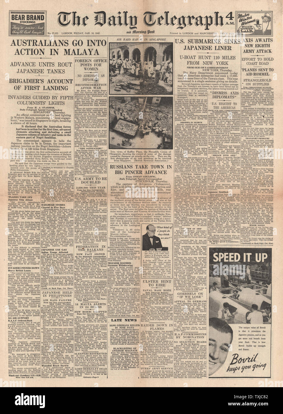 1942 front page Daily Telegraph Australian Army in action in Malaya and  U.S. Submarine sinks Japanese Liner Stock Photo - Alamy