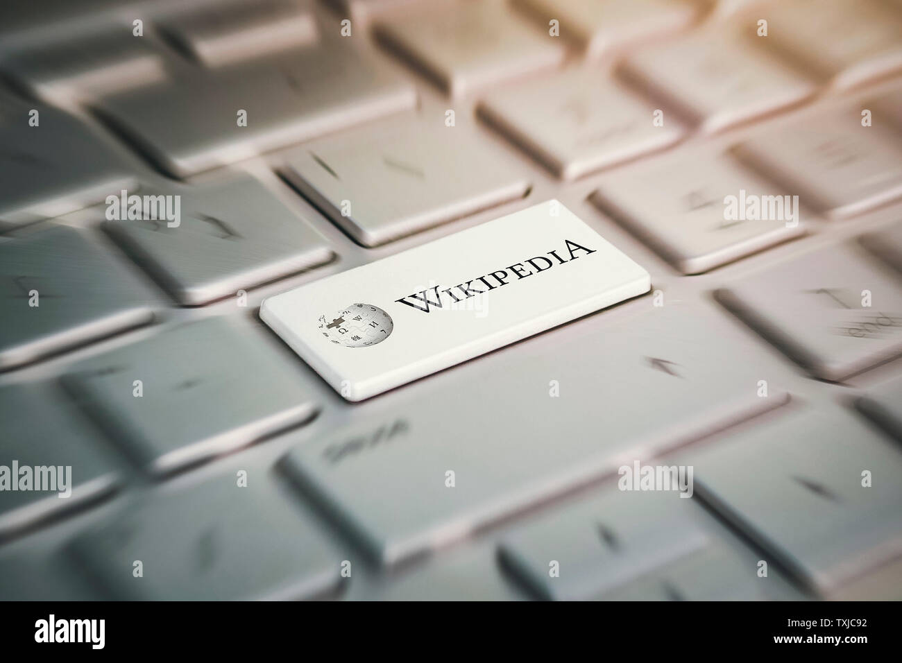 3 June 2018. Barnaul city. Russia. button with the company logo Wikipedia on the grey keyboard of a modern laptop. Stock Photo