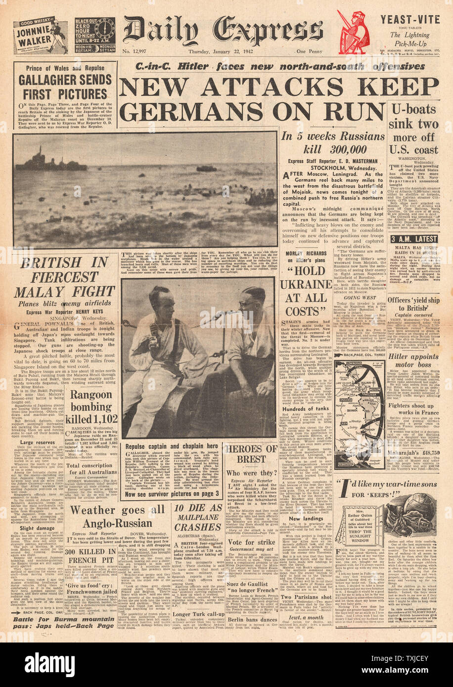 1942 front page Daily Express German Army in retreat in Russia Stock Photo