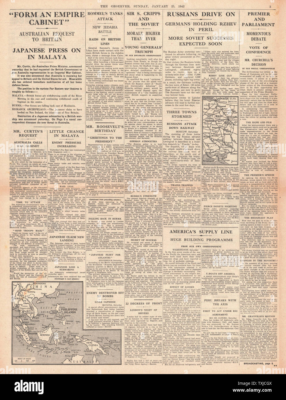 1942 page 5 The Observer Australian Prime Minister requests Imperial War Cabinet and Russian Army advance on German Forces Stock Photo