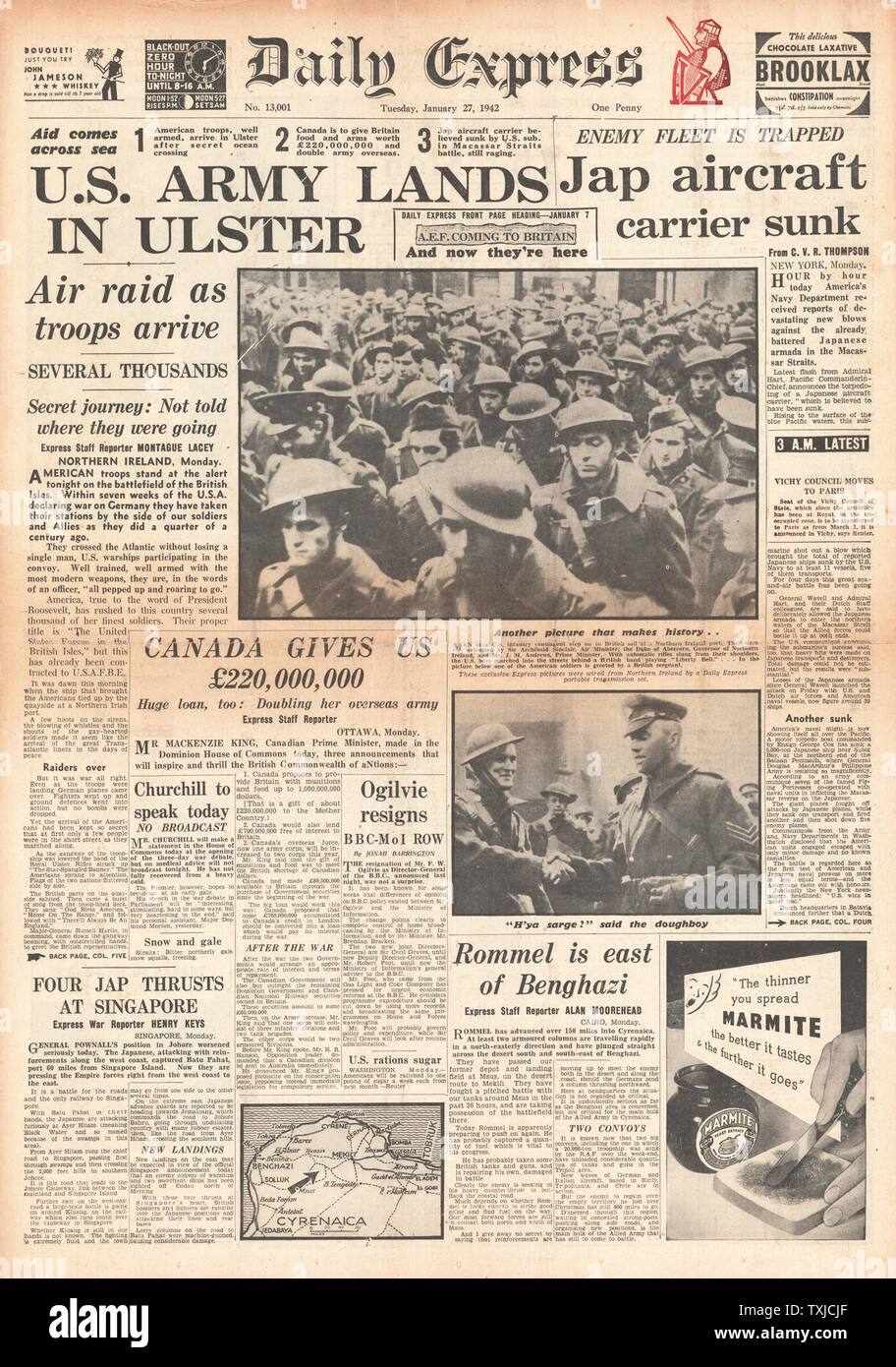1942 front page Daily Express American Forces land in Northern Ireland