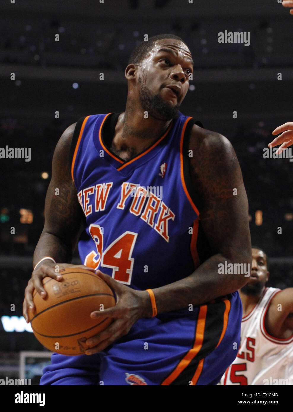 New York Knicks center Eddy Curry looks to shoot during the second quarter against the Chicago Bulls at the United Center in Chicago on December 17, 2009. The Bulls won 98-89.      UPI/Brian Kersey Stock Photo