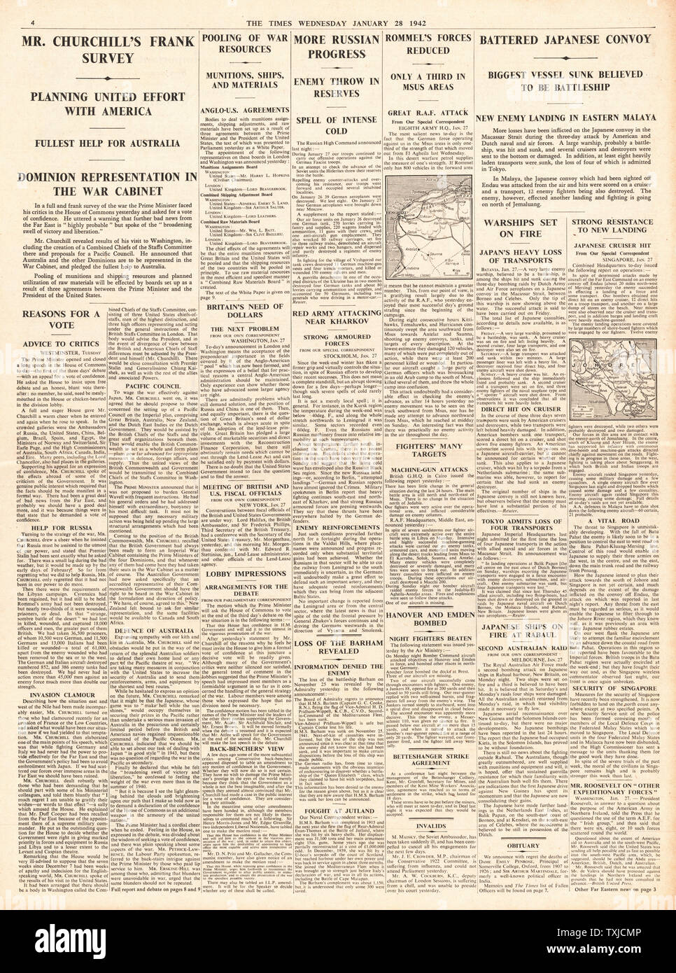 1942 page 4 The Times Churchill pleadges all aid to Australia Stock Photo