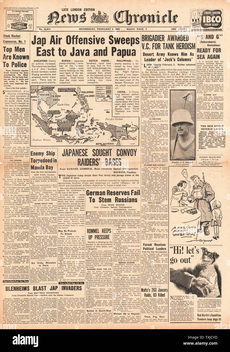 Java Invasion Newspaper 1942 front page News Chronicle Japanese Airforce attack Java, New ...