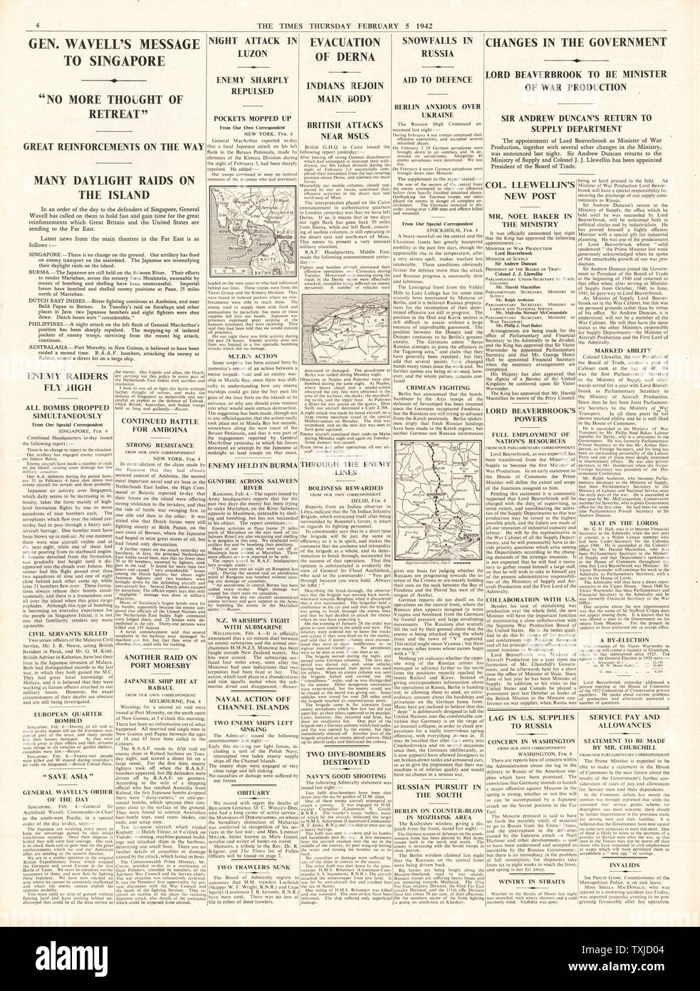 1942 Page 4 The Times Cabinet Re Shuffle And Battle For Singapore