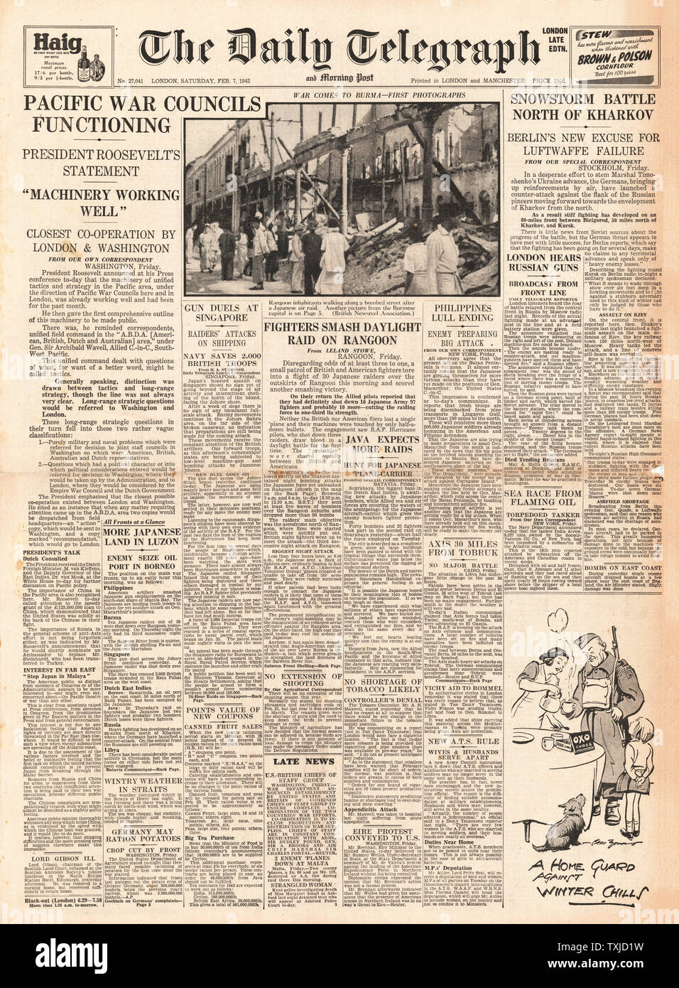 1942 front page  Daily Telegraph Pacific War Councils Stock Photo