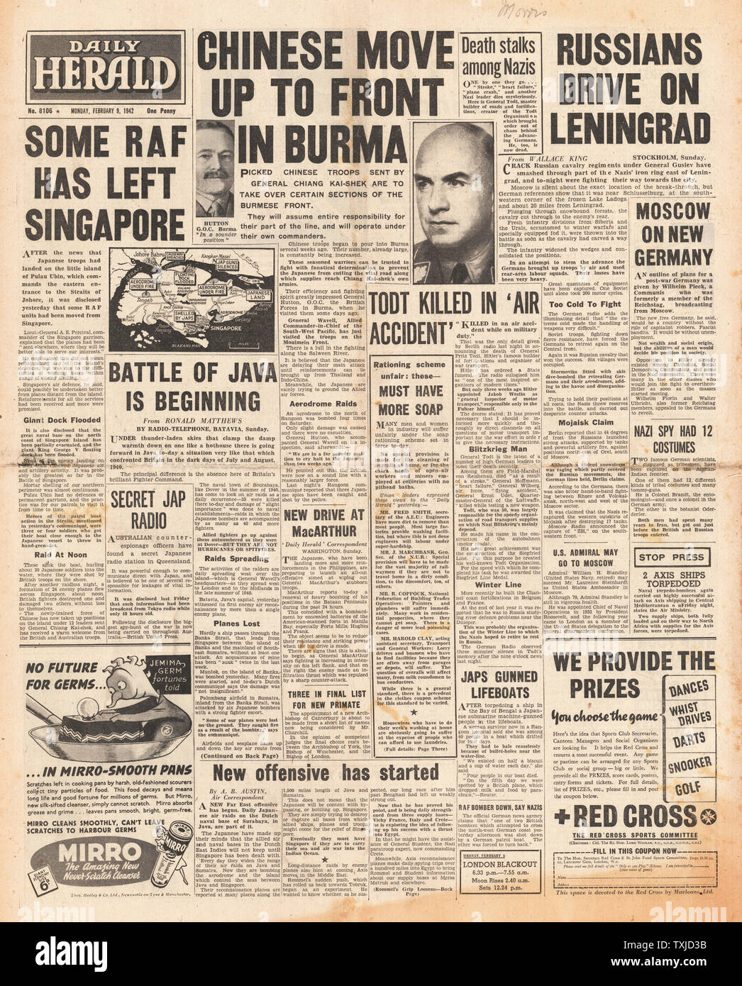 1942 front page Daily Herald Chinese Troops in Burma, Battle for Singapore and Java, Siege of Leningrad and Fritz Todt killed in plane crash Stock Photo