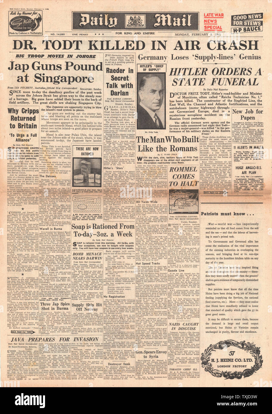 1942 front page Daily Mail Battle for Burma and Singapore and Fritz Todt killed in air crash Stock Photo