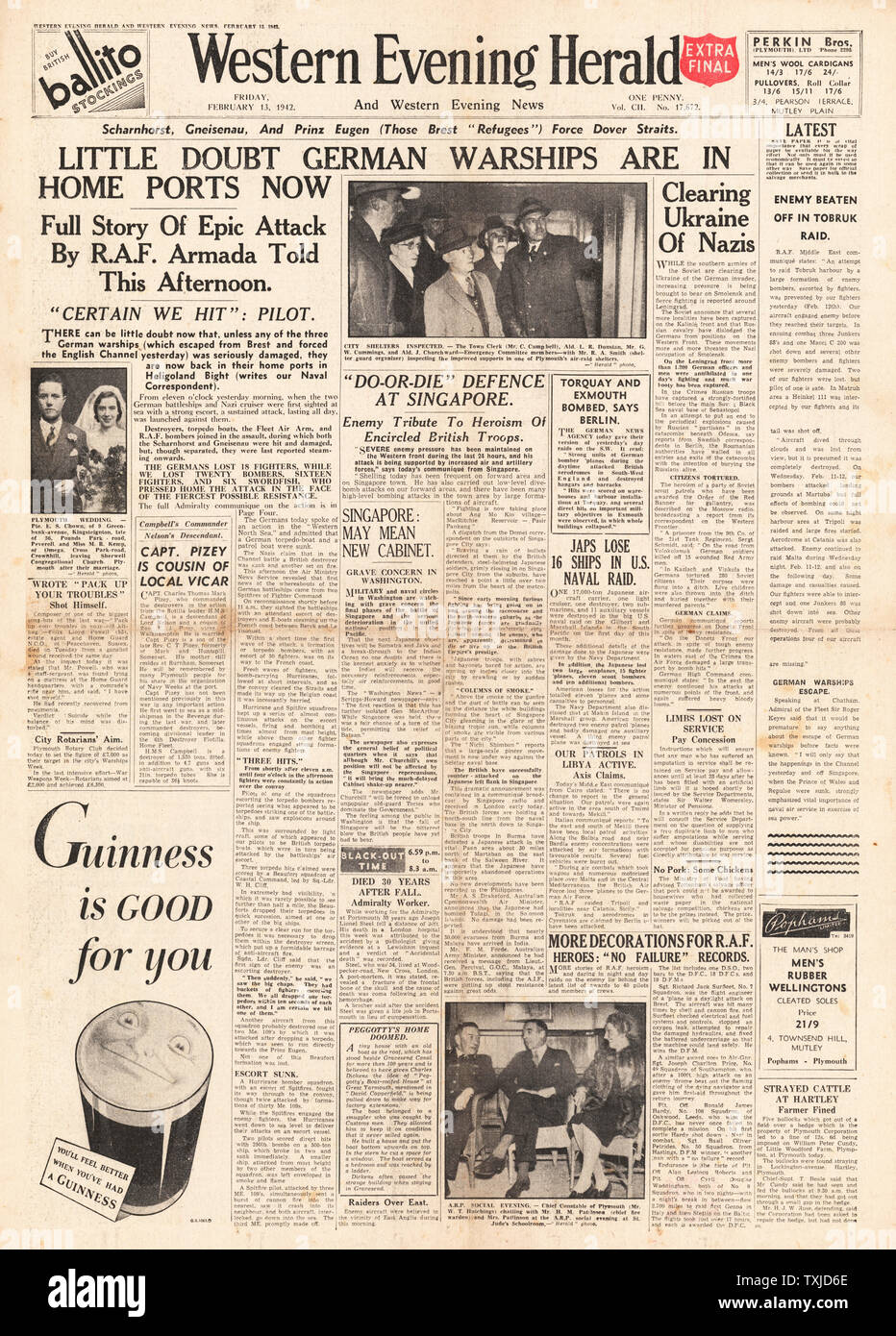 1942 front page Western Evening Herald Battle of Singapore and 