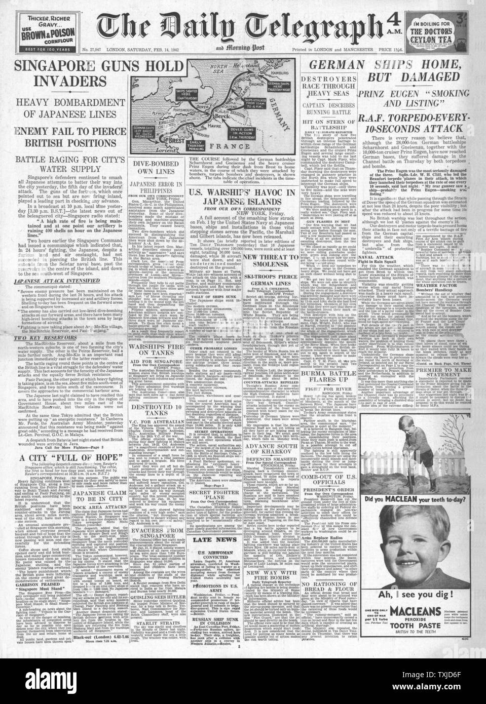 1942 front page Daily Telegraph Battle of Singapore and Channel dash by German Warships Scharnhorst, Gneisenau and Prinz Eugen Stock Photo