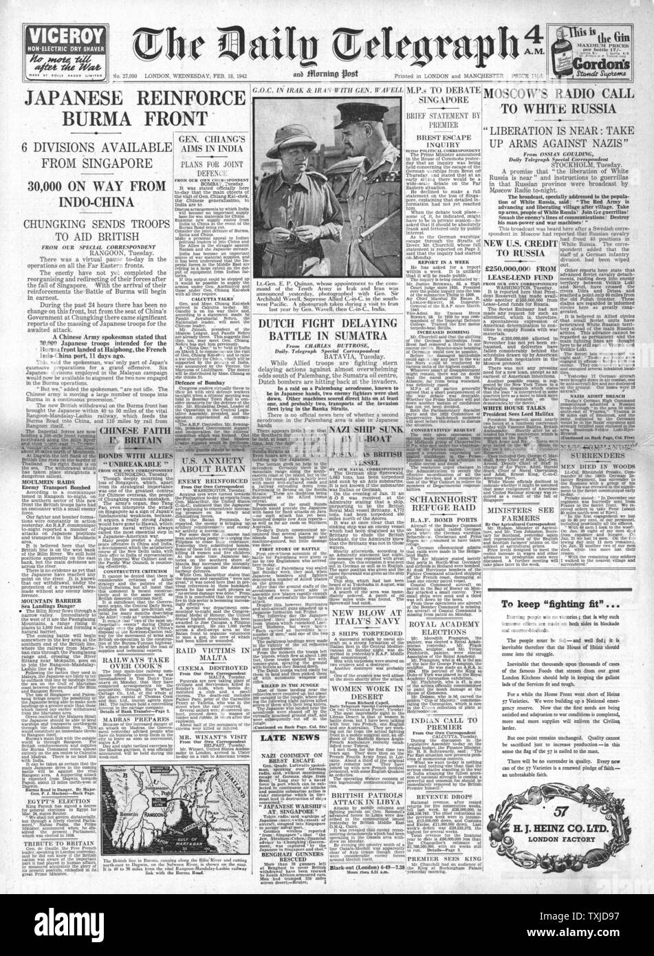 1942 front page  Daily Telegraph Japanese Forces land in Indo China and Battle for Burma and Sumatra Stock Photo
