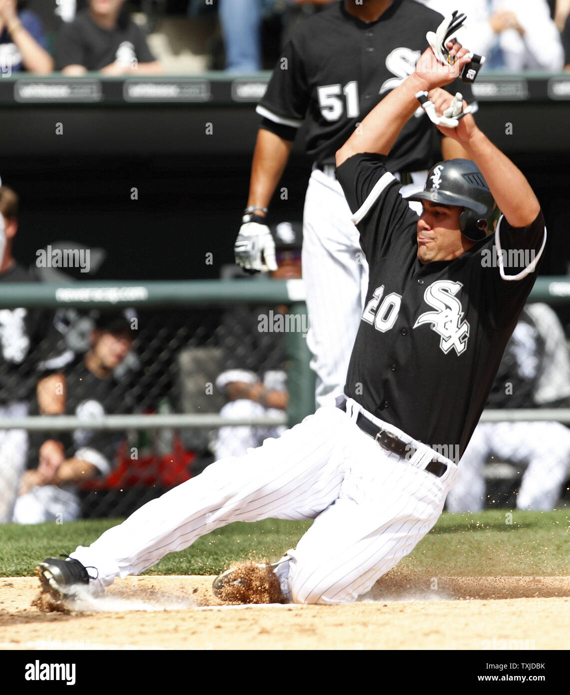Chicago White Sox's scores on a wild pitch thrown by Cleveland Indians starting pitcher Jake Westbrook during the third inning on Opening Day at U.S. Cellular Field in Chicago on April 5, 2010. The White Sox won 6-0.     UPI/Brian Kersey Stock Photo