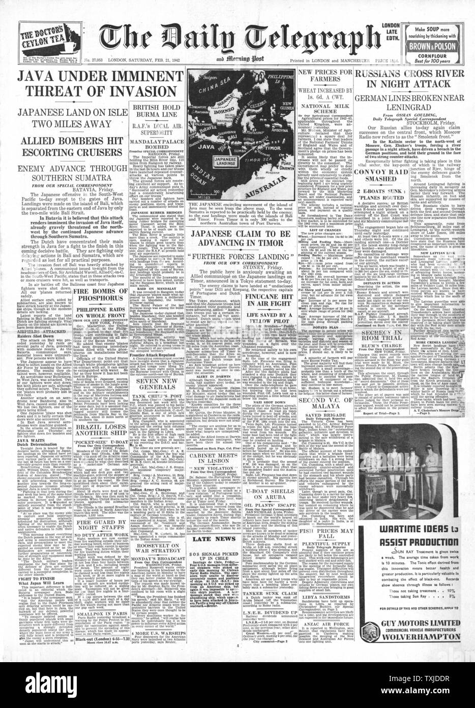 1942 front page Daily Telegraph Battle for Java and RAF attack German E-Boats in English Channel Stock Photo