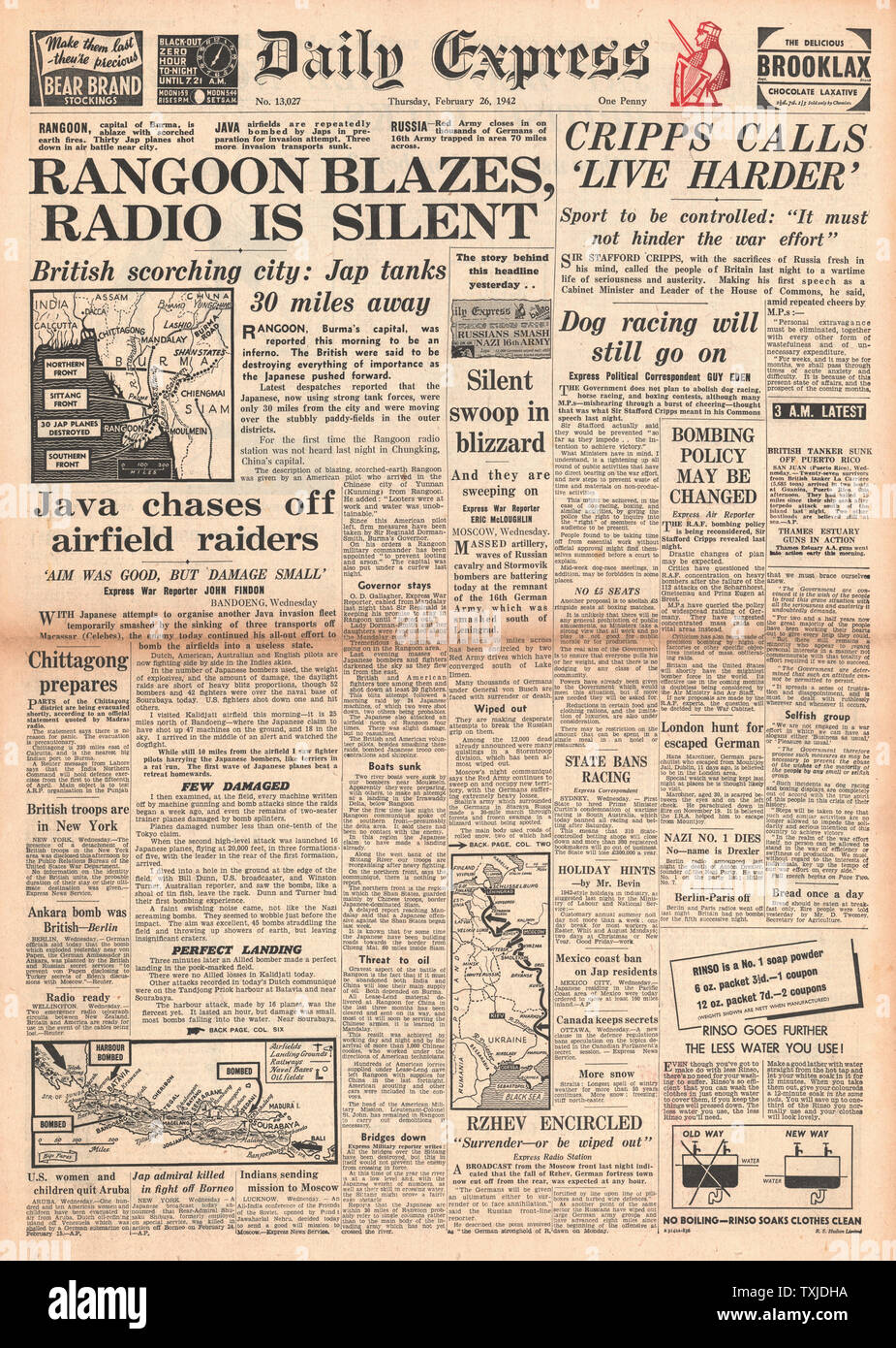 1942 front page  Daily Express Stafford Cripps gives Commons speech on war effort Stock Photo
