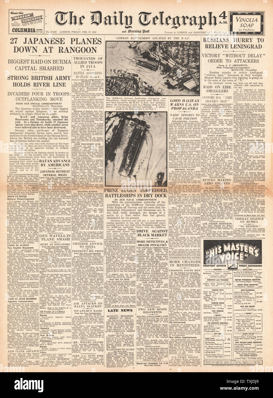 1942 front page Daily Telegraph Japanese Forces advance on Rangoon in ...