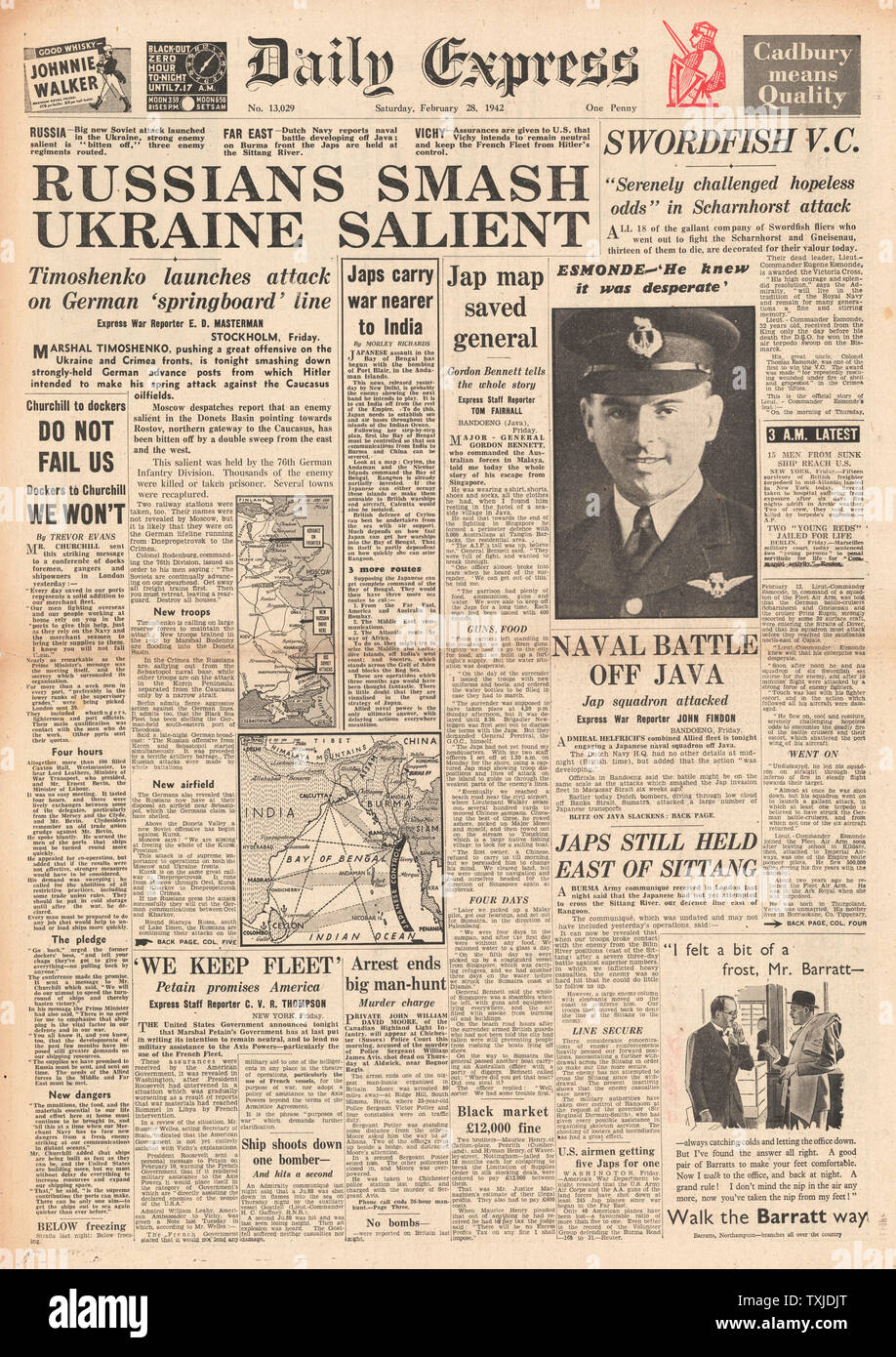 1942 front page Daily Express Russian Army advance in Ukraine and