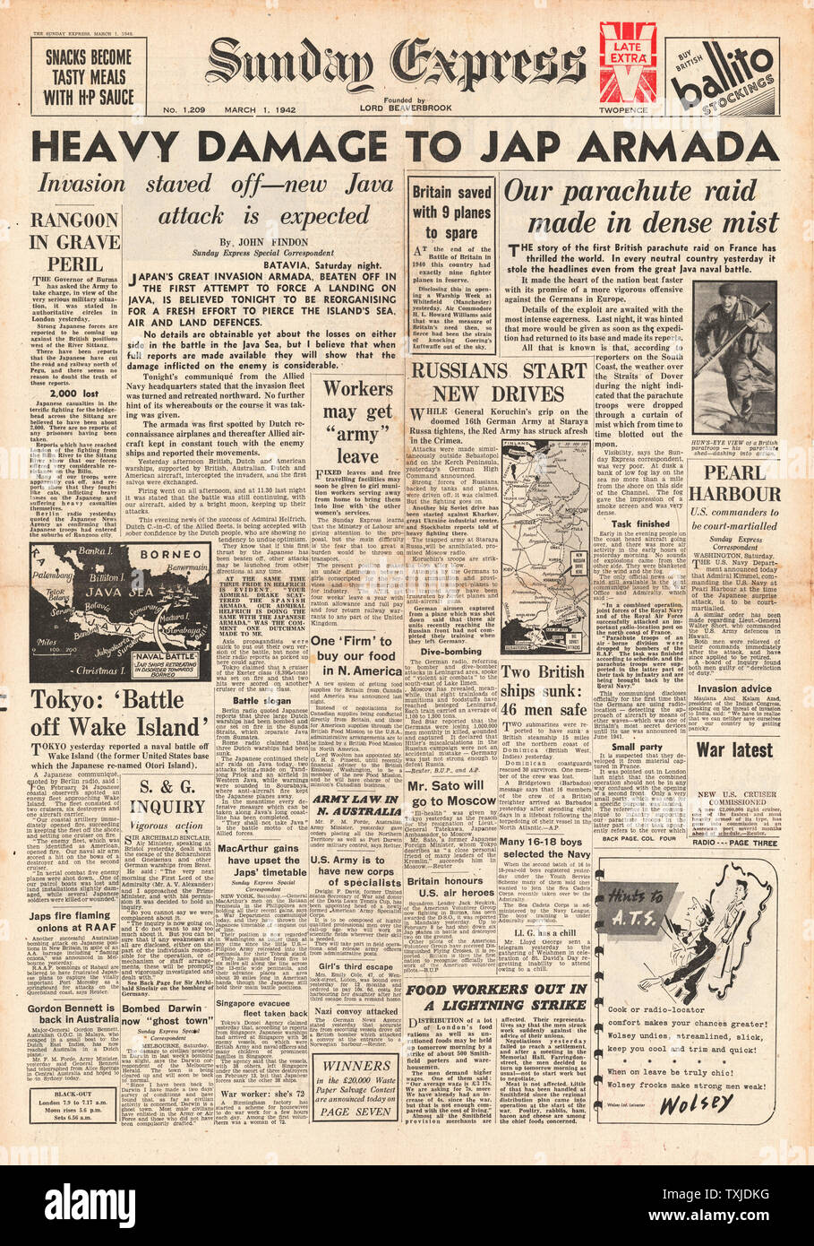1942 Front Page Sunday Express British Paratroopers Raid France