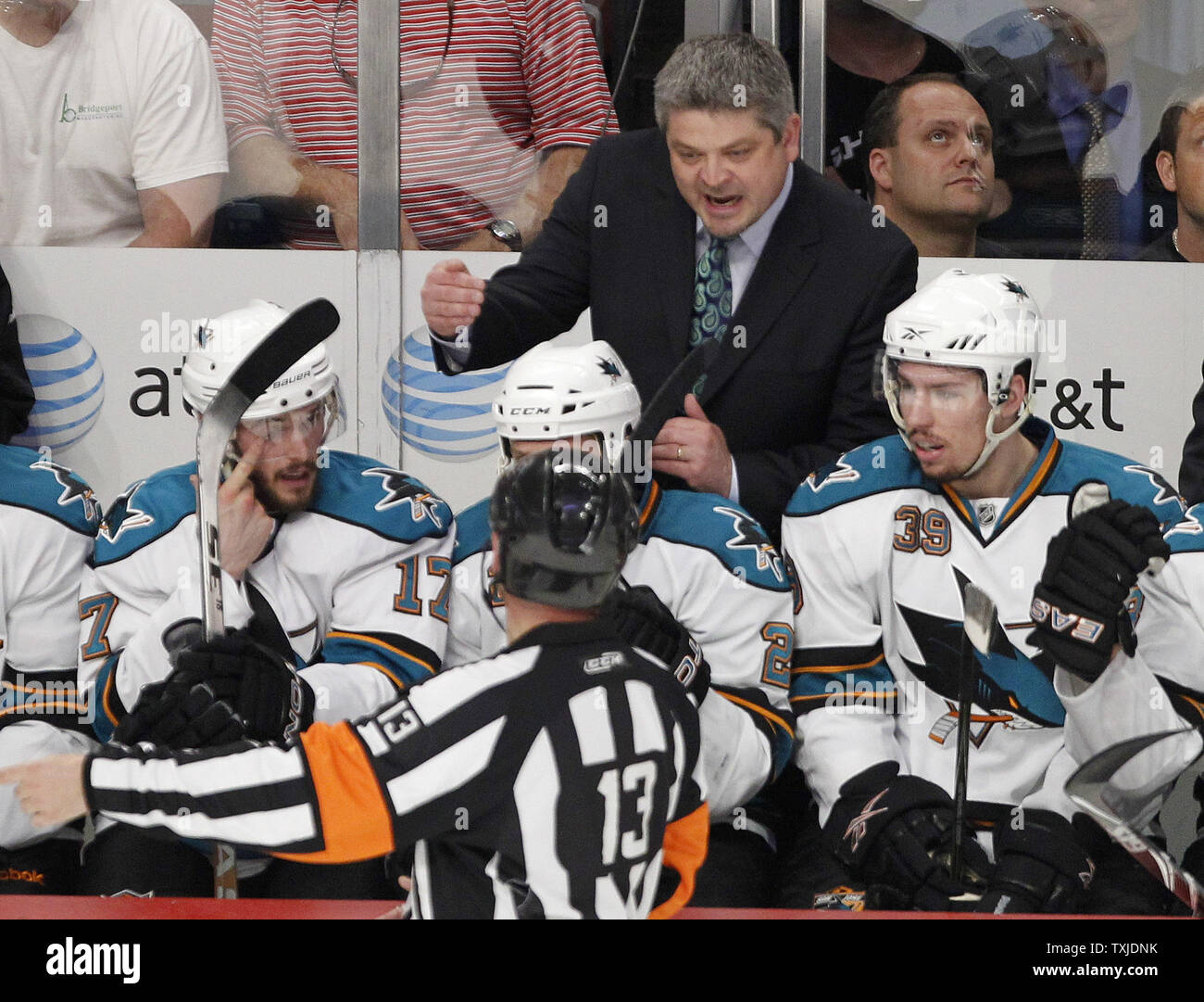San Jose Sharks head coach Todd McLellan talks to the referee during the first period of game 4 of the NHL Western Conference Finals against the Chicago Blackhawks at the United Center in Chicago on May 23, 2010. The Blackhawks won 4-2, sweeping the Sharks, to advance to the Stanley Cup Finals.     UPI/Brian Kersey Stock Photo