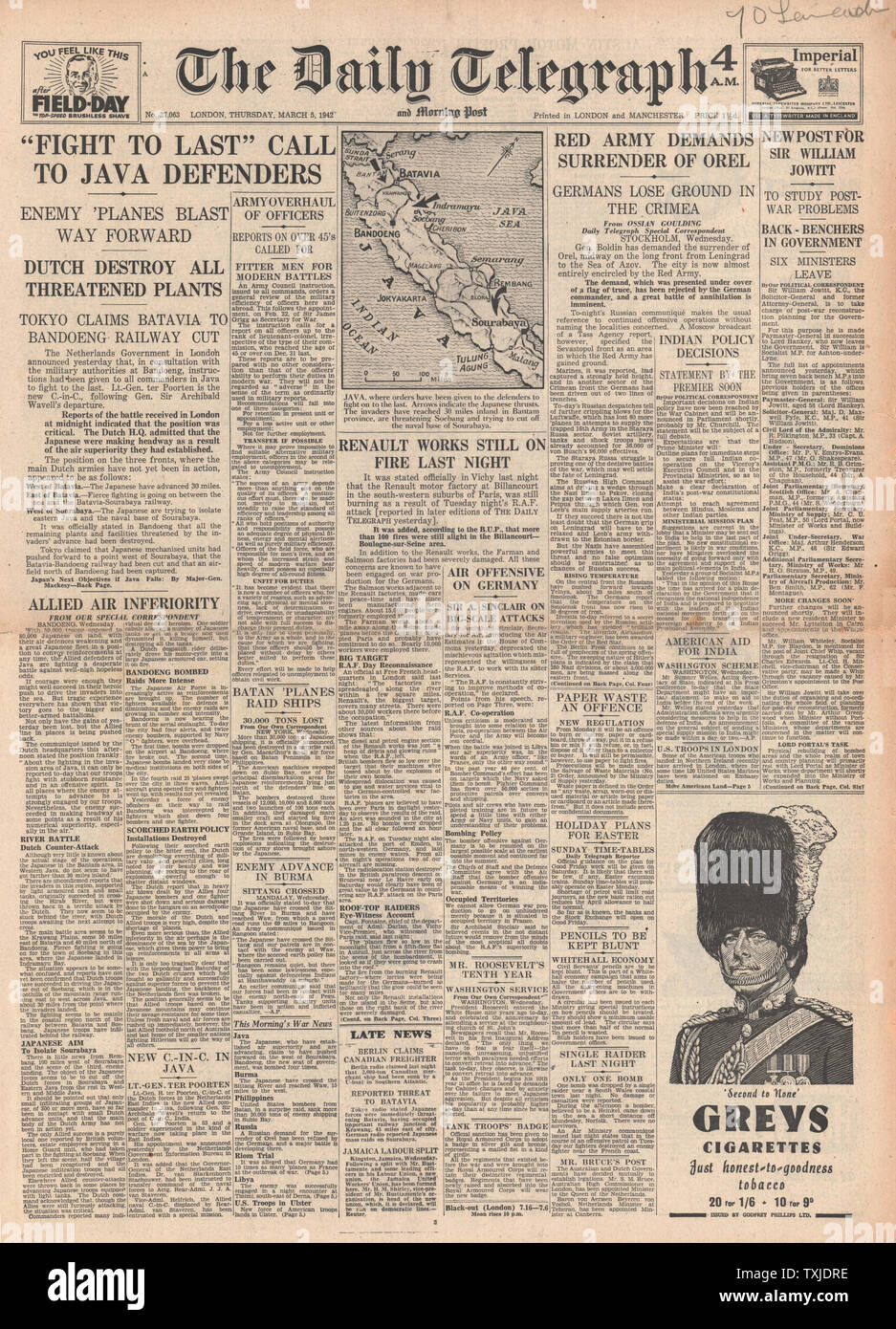 1942 front page  Daily Telegraph Battle of Java, Russian Army demand surrender of Orel and RAF Bomb Renault Factory at Billancourt Stock Photo