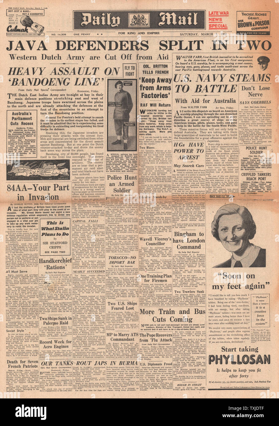 1942 front page Daily Mail Battle for Java Stock Photo