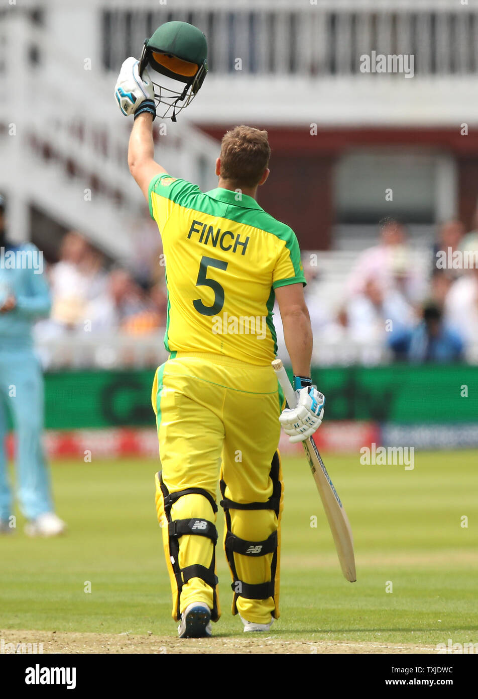 Australia's Aaron Finch celebrates reaching his century during the ICC  Cricket World Cup group stage match at Lord's, London Stock Photo - Alamy