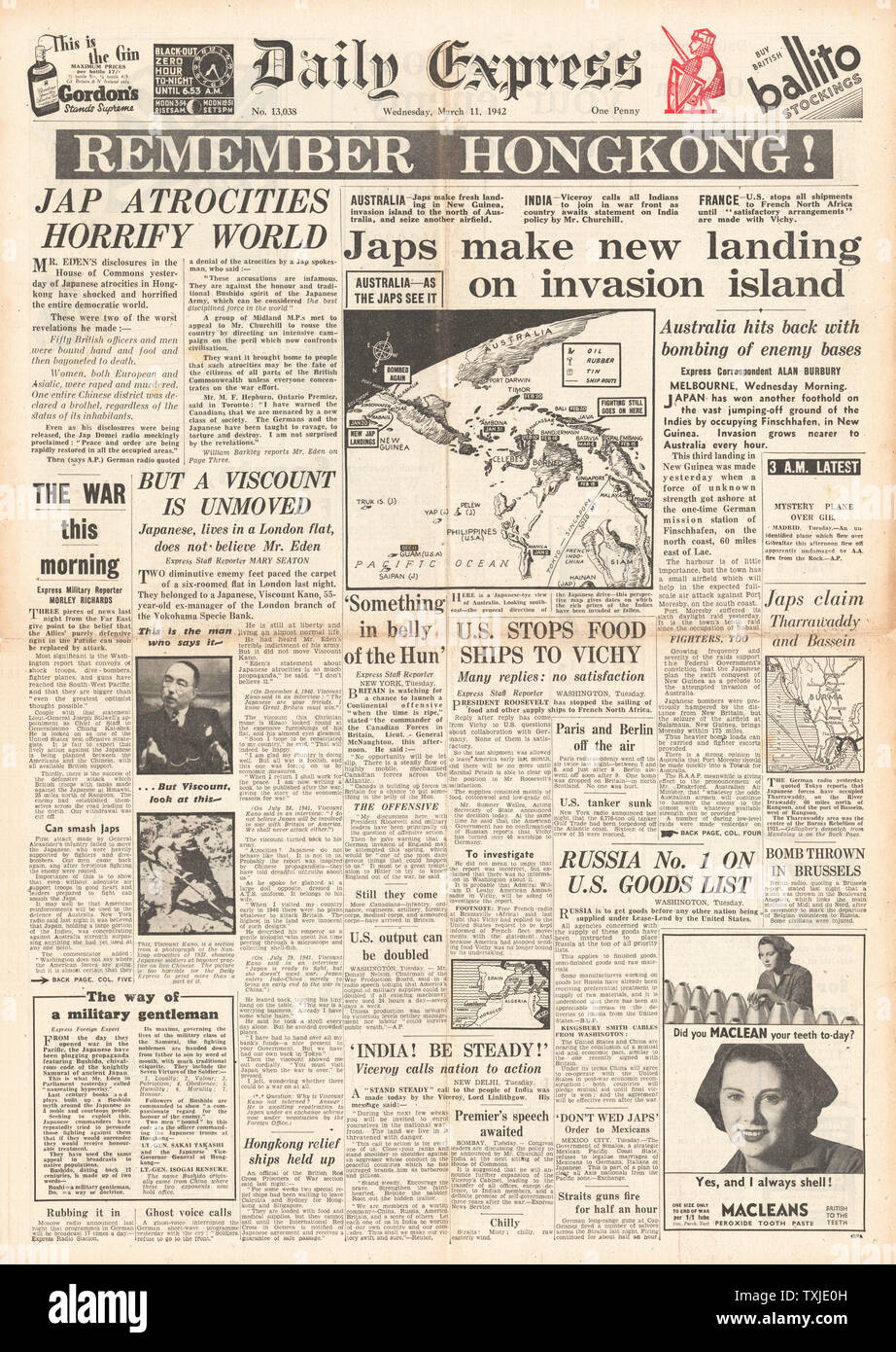 1942 front page Daily Express Japanese atrocities in Hong Kong and Invasion of New Guinea Stock Photo