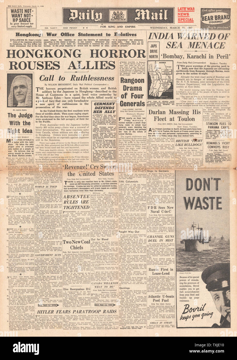 1942 front page Daily Mail Japanese atrocities in Hong Kong and threat to India Stock Photo